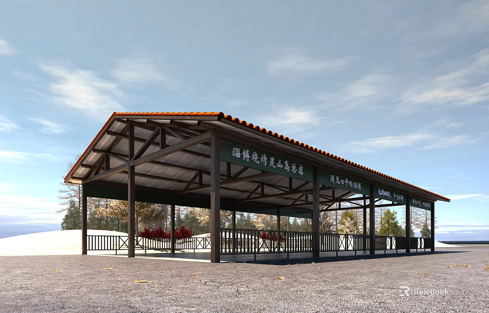 Covered Commercial Street With Red Roof Tiles And Wooden Columns In Scenic Tourist Area 3d model 
