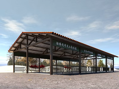 Covered Commercial Street With Red Roof Tiles And Wooden Columns In Scenic Tourist Area 3d model