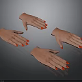 Four Human Hands With Red Nail Polish On Dark Background In Different Positions