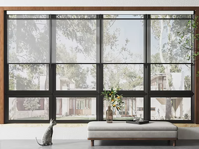 Bright Interior with Floor to Ceiling Windows View of Trees and Cat on Bench 3d model