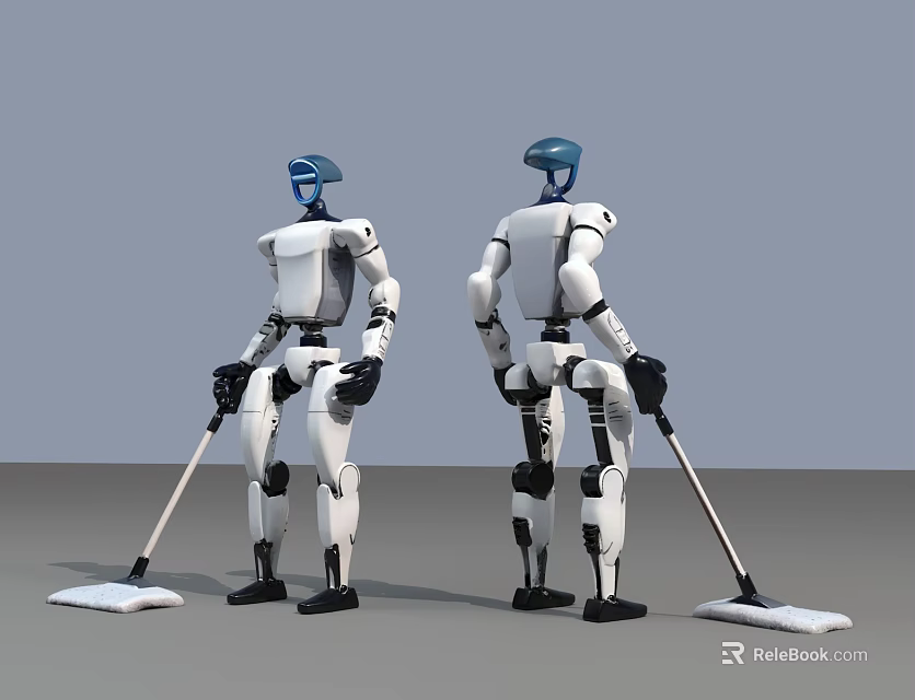 Two White Robots With Blue Heads Using Mops For Floor Cleaning 3d model 