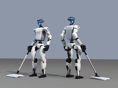 Two White Robots With Blue Heads Using Mops For Floor Cleaning 3d model