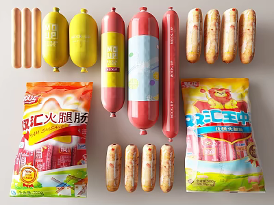 Various Types of Packaged Ham Sausages with Different Shapes and Packaging 3d model