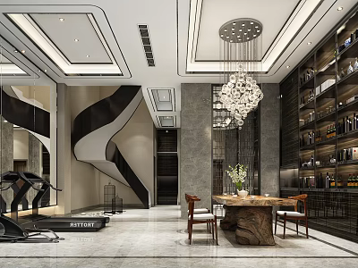 Modern Basement Interior with Spiral Staircase Fitness Area Wooden Dining Table and Wine Cabinet 3d model