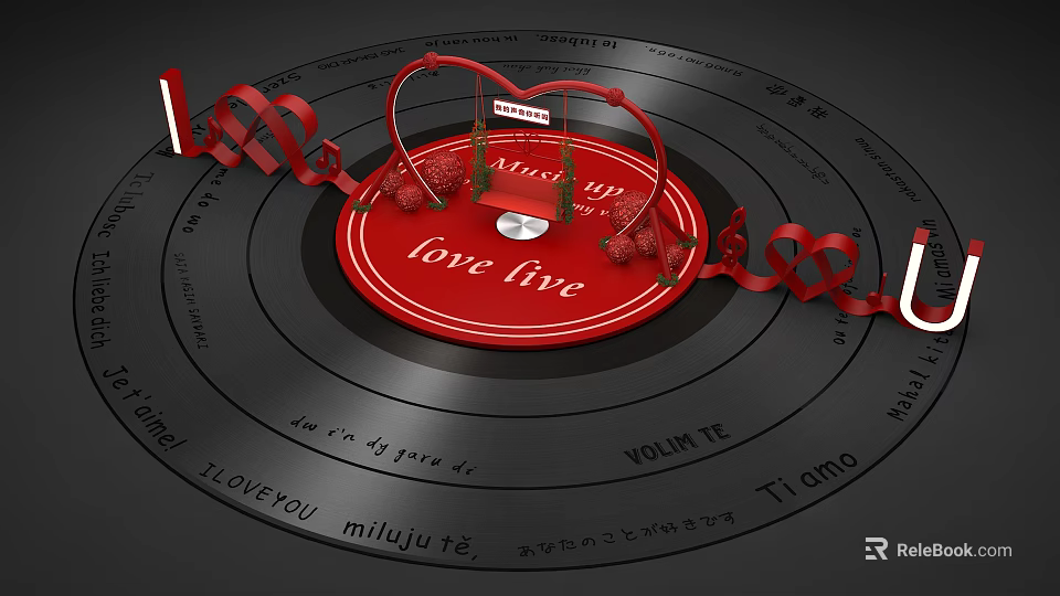 Romantic Decorative Vinyl Record With Red Heart Love Five Text And Ribbons 3d model 
