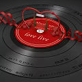 Romantic Decorative Vinyl Record With Red Heart Love Five Text And Ribbons