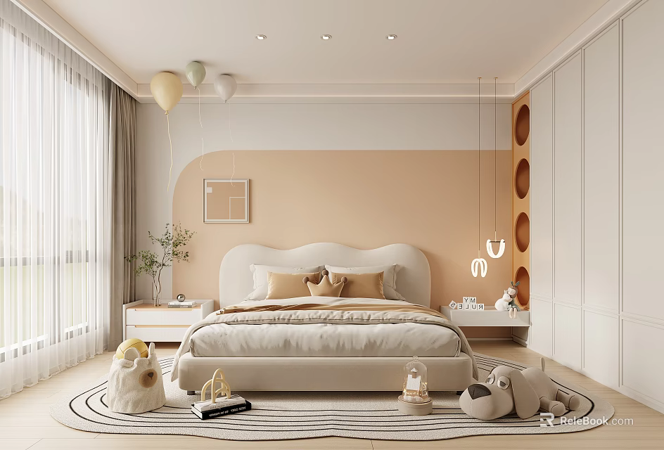Modern Kids Room Interior Design With Beige Bed Balloons Stuffed Toys And Circular Decorations 3d model 