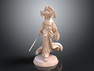Carved Female Warrior Sculpture with Flowing Robes Ornate Headdress Sword and Pedestal Base 3d model