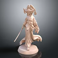 Carved Female Warrior Sculpture with Flowing Robes Ornate Headdress Sword and Pedestal Base