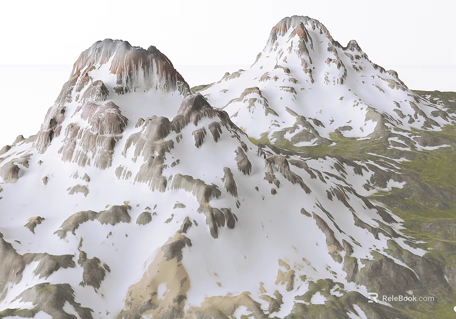 Natural Mountain Landscape With Snow Covered Peaks And Rocky Green Slopes 3d model 