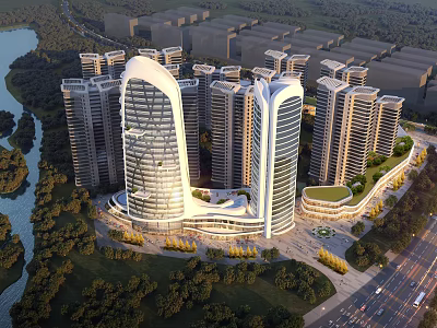 Modern Residential Buildings with Unique Curved Design Waterfront Green Space and Roads 3d model