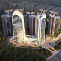 Modern Residential Buildings with Unique Curved Design Waterfront Green Space and Roads