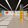 Modern Fitness Studio With Wooden Flooring White Workout Mats Railings Red Lockers And Wall Decor