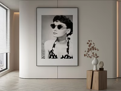 Black and White Portrait Art of Woman in Sunglasses in Modern Room With Decorative Vase 3d model