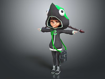 Young Girl In Frog Themed Hoodie With Braided Pigtails Backpack Open Arms 3d model