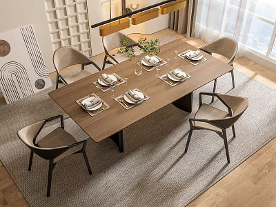 Modern Dining Set With Wooden Table Four Chairs Place Settings Green Plant And Natural Light 3d model