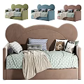 Blue Mickey Ear Shaped Velvet Sofa with Gray Checkered Brown Pillows and Beige Geometric Blanket