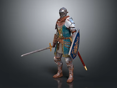 Armored Medieval Knight Character As Fantasy Creature With Sword And Shield Standing Against Gray Background 3d model
