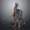 Armored Medieval Knight Character As Fantasy Creature With Sword And Shield Standing Against Gray Background