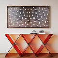 Red Geometric Console Table With Vintage Camera And Polka Dot Wall Art 3d model