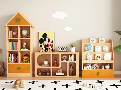 Wooden Decorative Cabinets In Kids Room With Bookshelves Toys And Mickey Painting 3d model