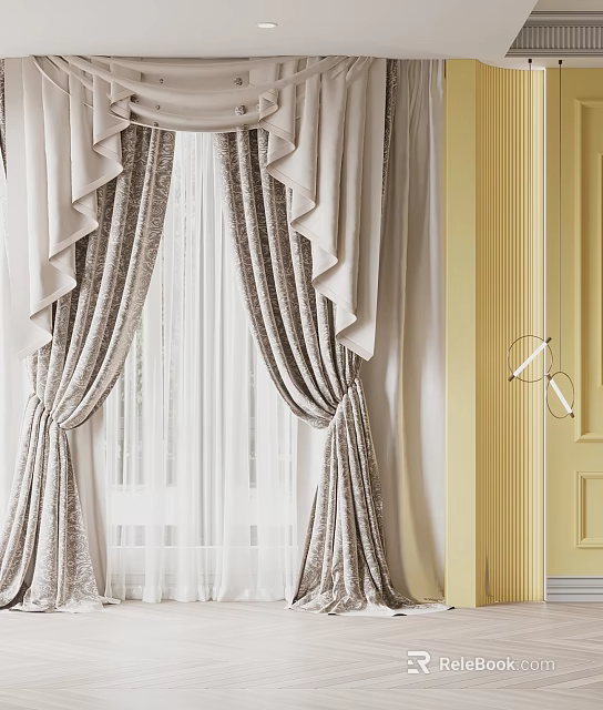 Beige And Gray Curtains With Ruffled Design Paired With White Sheer Curtains Near Yellow Door 3d model 