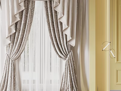 Beige And Gray Curtains With Ruffled Design Paired With White Sheer Curtains Near Yellow Door 3d model
