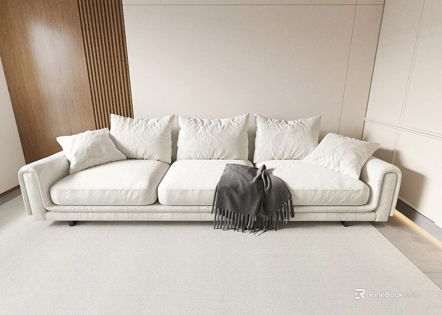 Modern White Sectional Sofa With Multiple Cushions And Gray Throw Blanket In Minimalist Living Room 3d model 