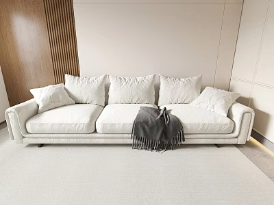 Modern White Sectional Sofa With Multiple Cushions And Gray Throw Blanket In Minimalist Living Room 3d model