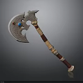 Decorative Axe With Intricate Metal Head Blue Red Gemstones And Wooden Handle