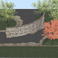 Natural Stone Garden Wall With Cracked Texture Green Trees Red Leaf Tree And Paved Ground