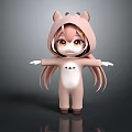 Cartoon Game Character 3D Model With Animal Onesie Cat Ears And Brown Hair