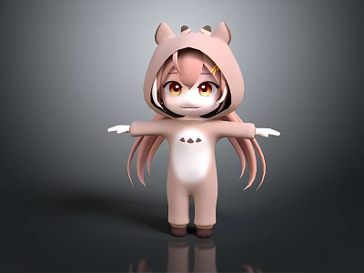 Cartoon Game Character 3D Model With Animal Onesie Cat Ears And Brown Hair 3d model