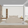 Modern Minimalist Bedroom Interior Design With Wooden Paneling Beige Bedding And Area Rug