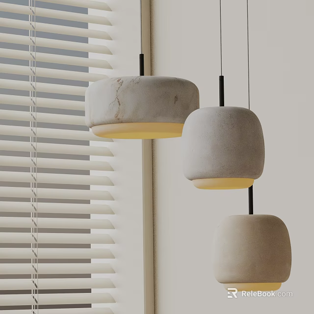 Modern Minimalist Stone Pendant Lights Light Gray Marble And Warm Yellow Light By Window Blinds 3d model 