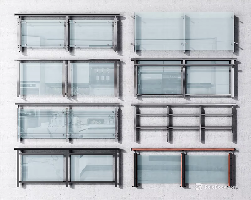 Modern Glass and Metal Railing Designs with Various Panel Styles and Frame Structures 3d model