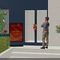 Garden Landscape in Front of White Building with Green Trees Shrubs Red Sculpture and People