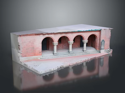 Cartoon Style Red Brick Building Scene With Arches White Roof Steps Columns And Reflection 3d model