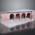 Cartoon Style Red Brick Building Scene With Arches White Roof Steps Columns And Reflection