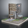 Garden Ornament Feature with Stone Wall Stone Basin Slab Floor and Grass