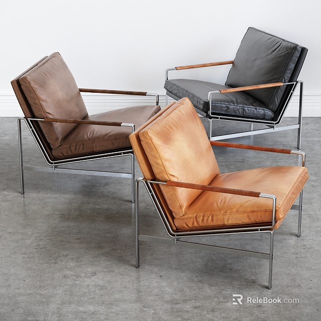 Modern Leather Armchairs Set Featuring Brown Black Tones Wooden Armrests And Metal Legs 3d model 