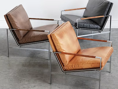 Modern Leather Armchairs Set Featuring Brown Black Tones Wooden Armrests And Metal Legs 3d model