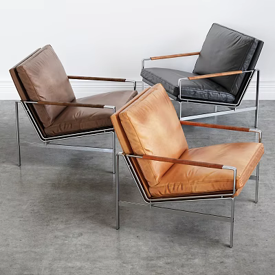 Modern Leather Armchairs Set Featuring Brown Black Tones Wooden Armrests And Metal Legs 3d model