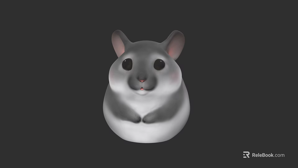 Cute Gray And White Hamster Plush Toy With Black Eyes And Pink Ears 3d model 