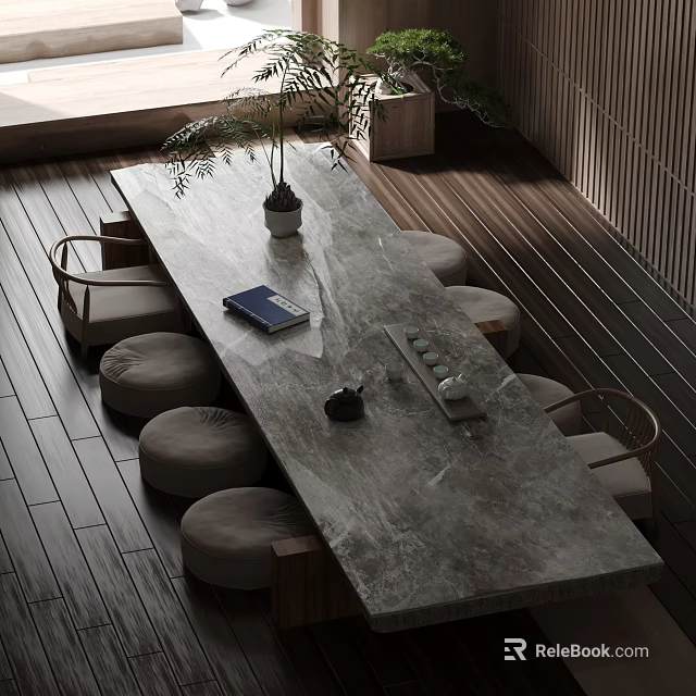 Modern Tea Table and Chairs with Marble Top Cushioned Stools and Potted Plant 3d model 