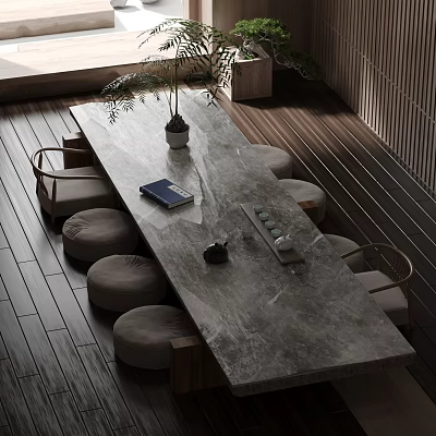 Modern Tea Table and Chairs with Marble Top Cushioned Stools and Potted Plant 3d model