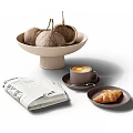 Beige Decorative Accessories Set With Bowl Vase Dried Flowers Coffee Cup And Croissant