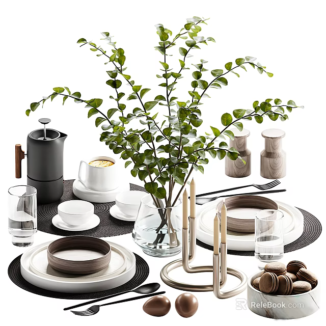 Elegant Tableware Set With Ceramic Plates Bowls Green Plant Tea Cups And Wooden Decor 3d model 