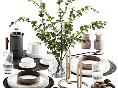Elegant Tableware Set With Ceramic Plates Bowls Green Plant Tea Cups And Wooden Decor 3d model