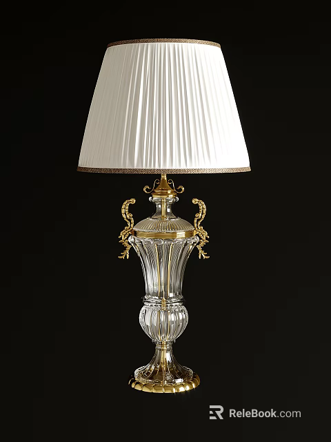 Elegant Luxury Table Lamp With Crystal Base Gold Accents And White Pleated Shade 3d model 